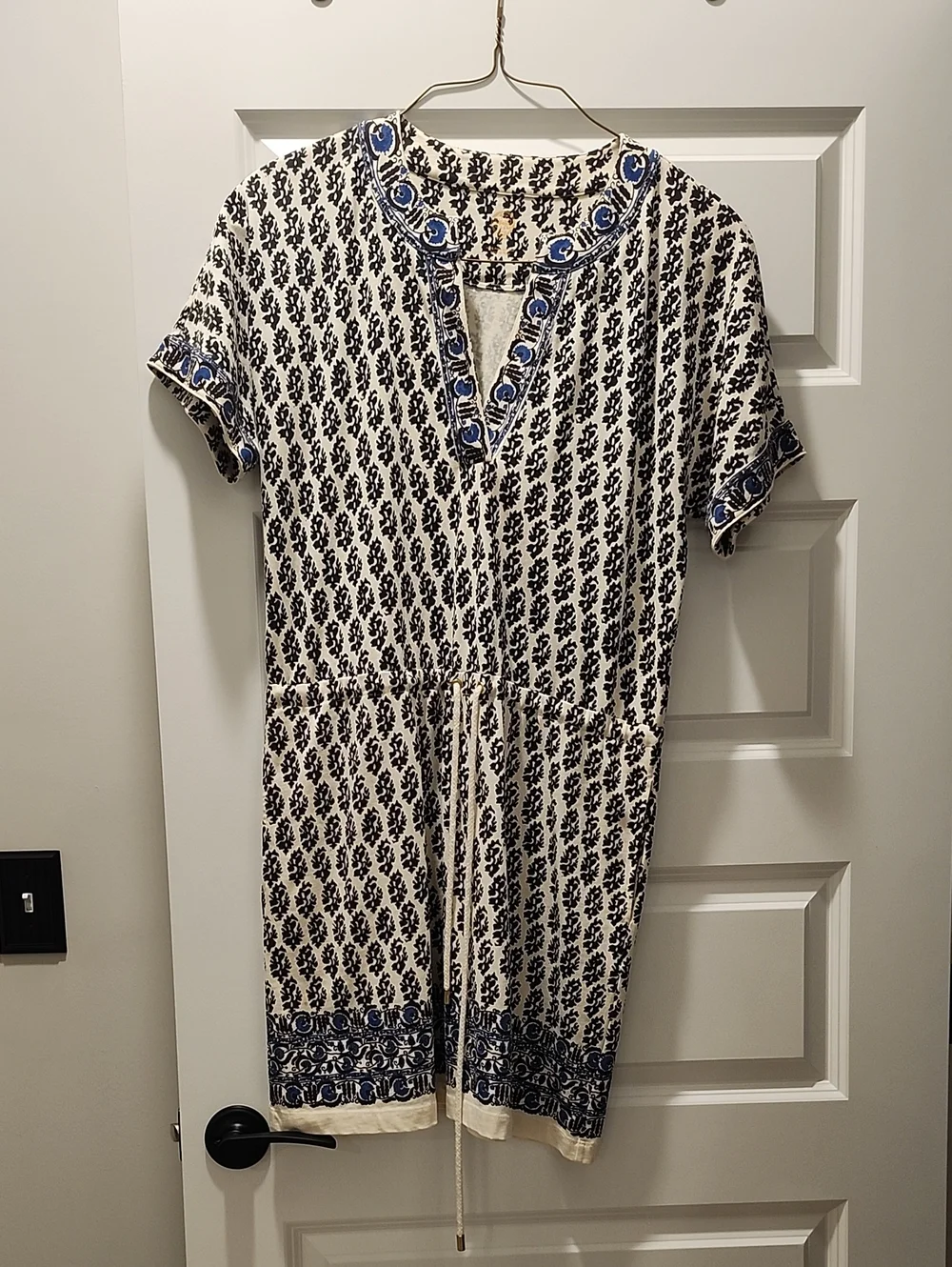 Tory Burch Cream Black Blue Tie Waist Dress with Floral Print Size Large L